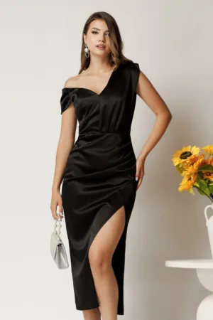 Rochie midi neagra din satin conica cu un umar gol