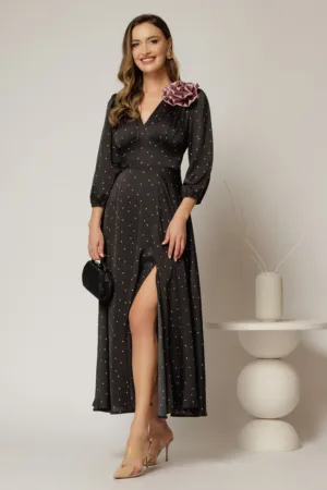 Rochie midi neagra din satin cu buline roz