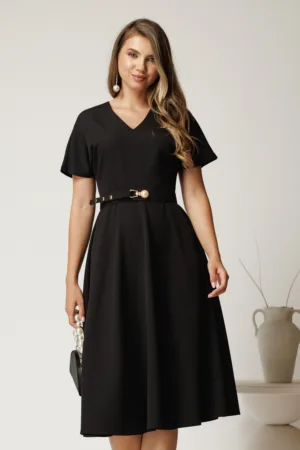 Rochie midi neagra din stofa subtire cu croi clos si curea in talie
