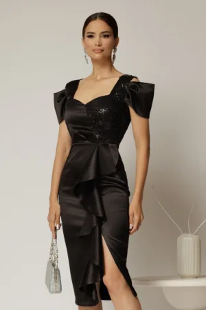 Rochie midi neagra din tafta cu paiete si volanas pe fusta