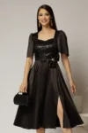 Rochie midi neagra din tafta si paiete cu funda ampla pe talie