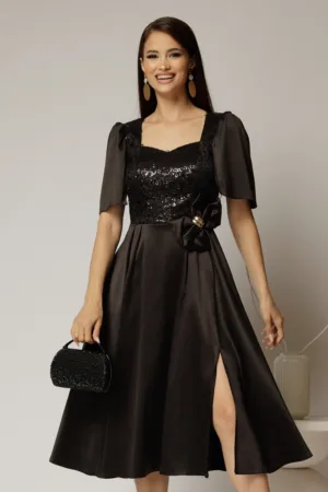 Rochie midi neagra din tafta si paiete cu funda ampla pe talie