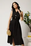 Rochie midi neagra din tencel in clos cu nasturi si curea