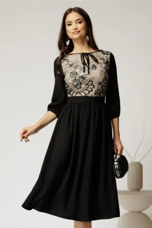 Rochie midi neagra din triplu voal in clos cu bust bej din dantela