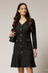 Rochie midi neagra din tweed cu volanas la baza si nasturi