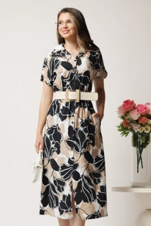 Rochie midi neagra din viscoza cu imprimeu bej si curea in talie