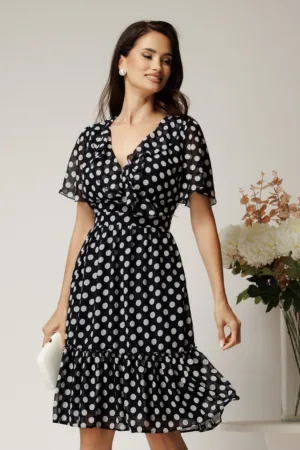 Rochie midi neagra din voal cu buline albe si volane