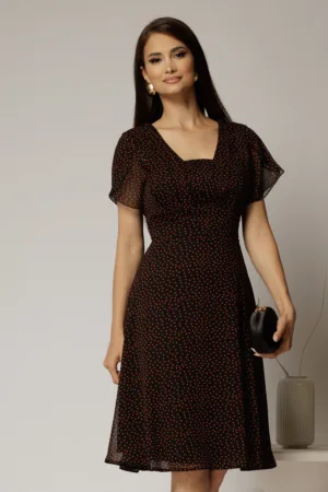 Rochie midi neagra din voal cu buline si maneci scurte petrecute