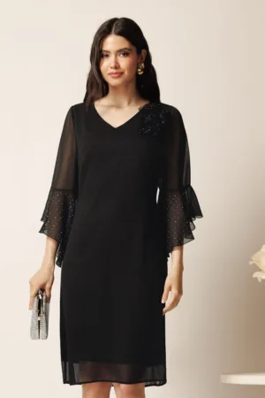 Rochie midi neagra din voal cu croi drept si strasuri pe maneci- Viada