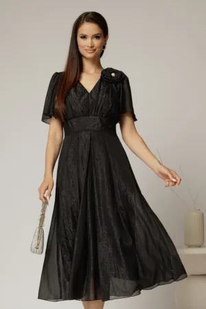 Rochie midi neagra din voal cu fir lurex si floare la umar