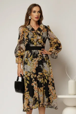 Rochie midi neagra din voal cu imprimeuri bej si funda la decolteu