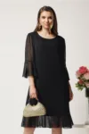 Rochie midi neagra din voal cu picatele si insertii din fir lurex