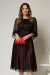 Rochie midi neagra din voal fin cu captuseala rosie in contrast