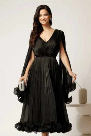Rochie midi neagra din voal satinat in clos cu maneci ample si curea din strasuri in talie
