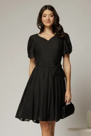 Rochie midi neagra din voal sidefat si cordon detasabil
