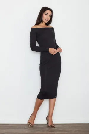 Rochie midi neagra - mulata - cu umeri goi - din viscoza si elastan -