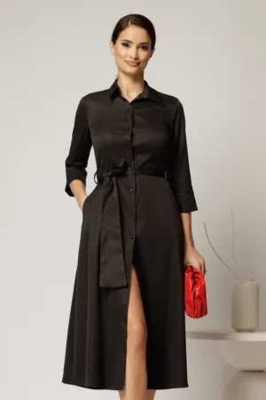 Rochie midi neagra tip camasa din bumbac cu cordon in talie