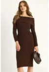 Rochie midi -  nervuri - maro moca - tricot - Mocha Brown -