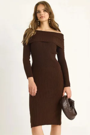 Rochie midi -  nervuri - maro moca - tricot - Mocha Brown -