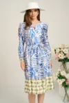 Rochie midi office bej de zi cu imprimeu albastru