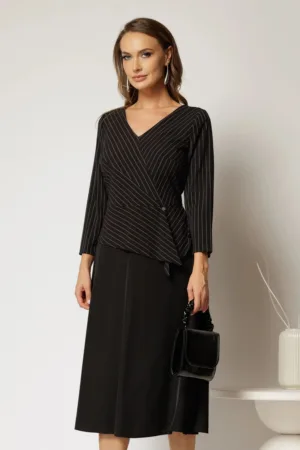 Rochie midi office neagra cu peplum si decolteu in V