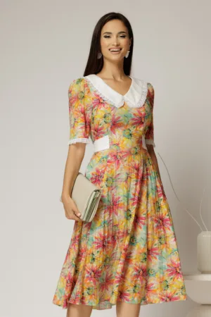 Rochie midi orange din vascoza cu imprimeu floral si guler alb brodat