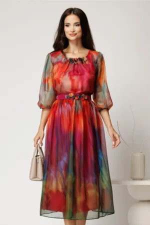 Rochie midi orange din voal cu imprimeuri magenta si cordon cu flori in talie