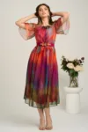Rochie midi orange din voal in clos cu imprimeuri fucsia si cordon in talie- Viada
