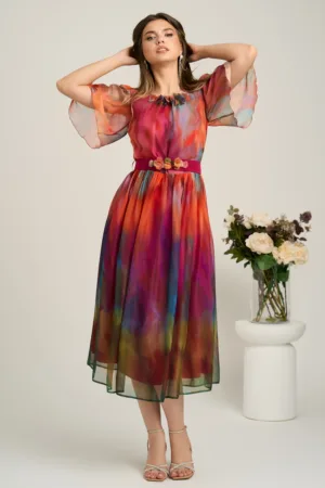 Rochie midi orange din voal in clos cu imprimeuri fucsia si cordon in talie- Viada