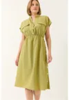 Rochie midi -  poplin - decolteu in V - buzunare - verde - viscoza