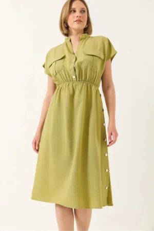 Rochie midi -  poplin - decolteu in V - buzunare - verde - viscoza