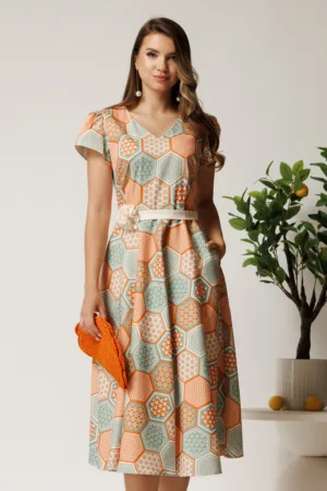 Rochie midi portocalie din bumbac in clos cu imprimeu geometric turcoaz si cordon in talie