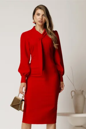 Rochie midi rosie conica din stofa cu guler tip esarfa