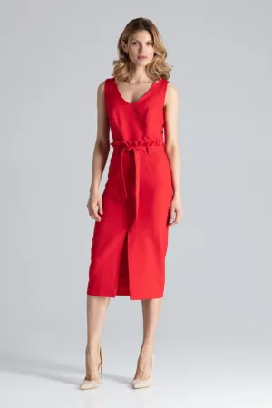 Rochie midi rosie cu decolteu in V si curea - poliester 100%