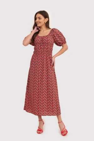 Rochie midi rosie cu maneci bufate si imprimeu floral DA1796 MULT
