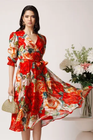 Rochie midi rosie cu trandafiri din voal in clos cu cordon in talie