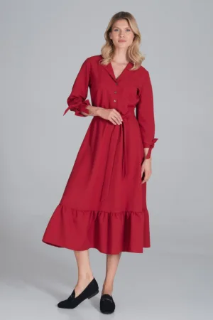 Rochie midi rosie - poliester - cu curea - volane -