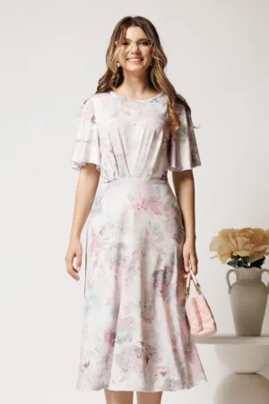 Rochie midi roz cu flori turcoaz din viscoza in clos cu pliuri pe bust