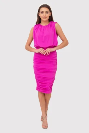 Rochie midi roz cu fusta cu volane DA1767 HOT PINK