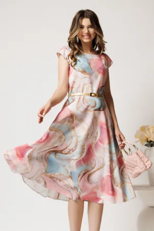 Rochie midi roz cu imprimeu bleu in clos cu buzunare si curea in talie