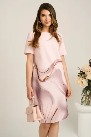 Rochie midi roz cu imprimeu maro din stofa cu croi drept