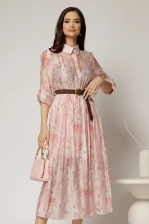 Rochie midi roz cu imprimeuri din tencel