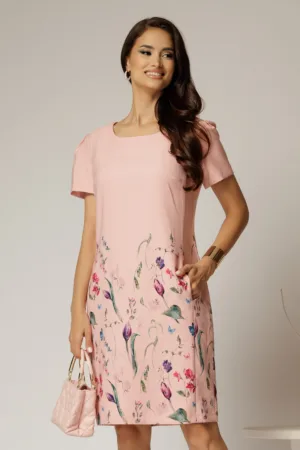 Rochie midi roz cu imprimeuri si croi drept cu buzunare