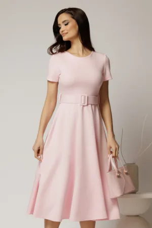 Rochie midi roz cu maneca scurta si curea in talie cu adaos de viscoza