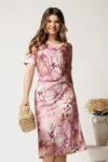 Rochie midi roz cu print bej din lycra cu croi cambrat si catarama in talie
