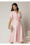Rochie midi roz de ocazie cu pliuri pe bust si cordon detasabi cu flori