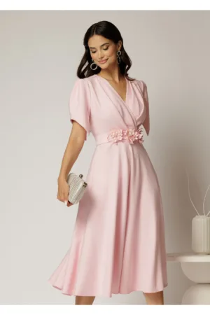 Rochie midi roz de ocazie cu pliuri pe bust si cordon detasabi cu flori