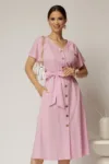 Rochie midi roz de zi din in tip camasa cu manecile scurte