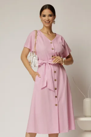 Rochie midi roz de zi din in tip camasa cu manecile scurte