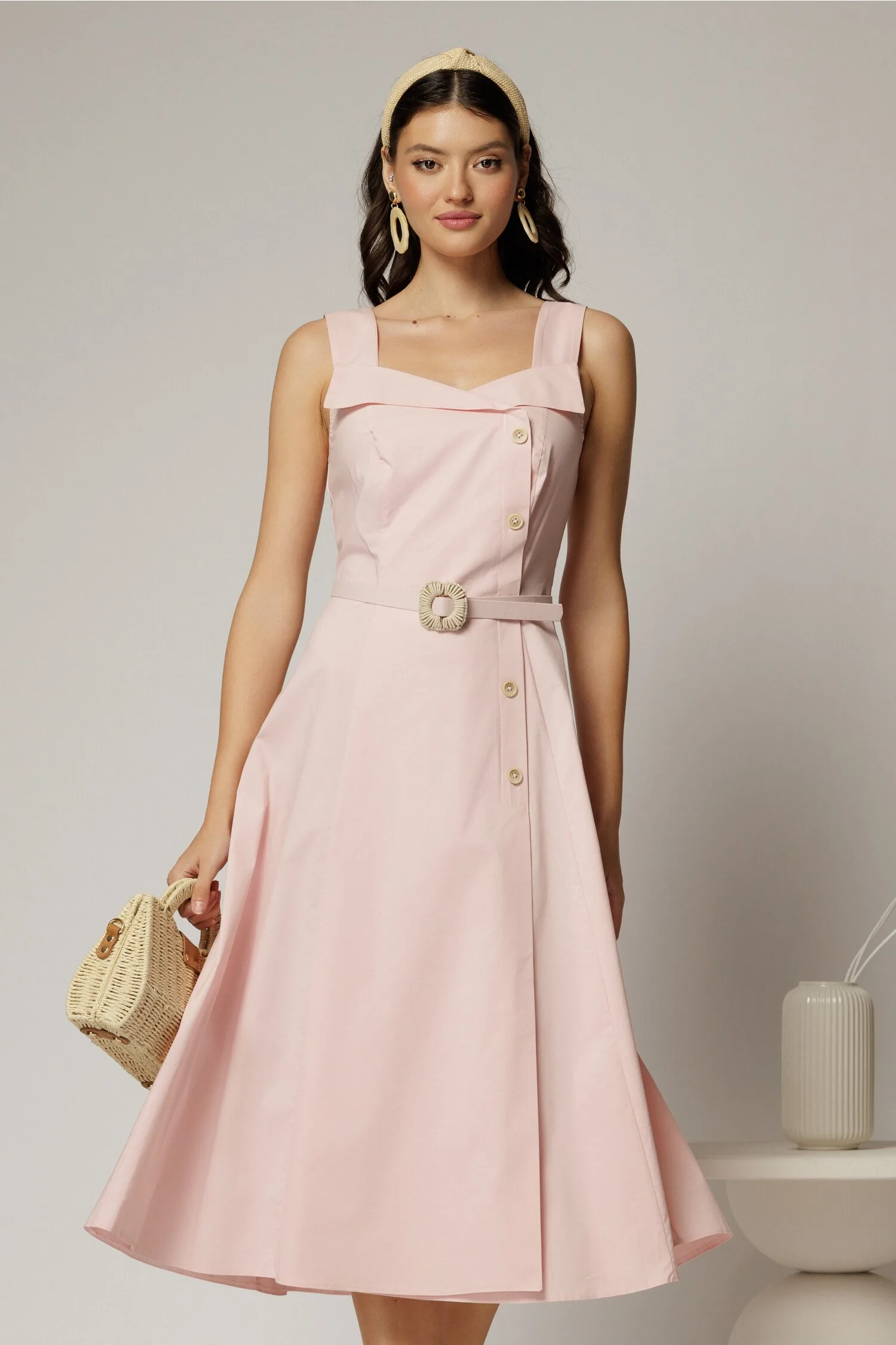 Rochie midi roz din poplin cu nasturi si curea in talie